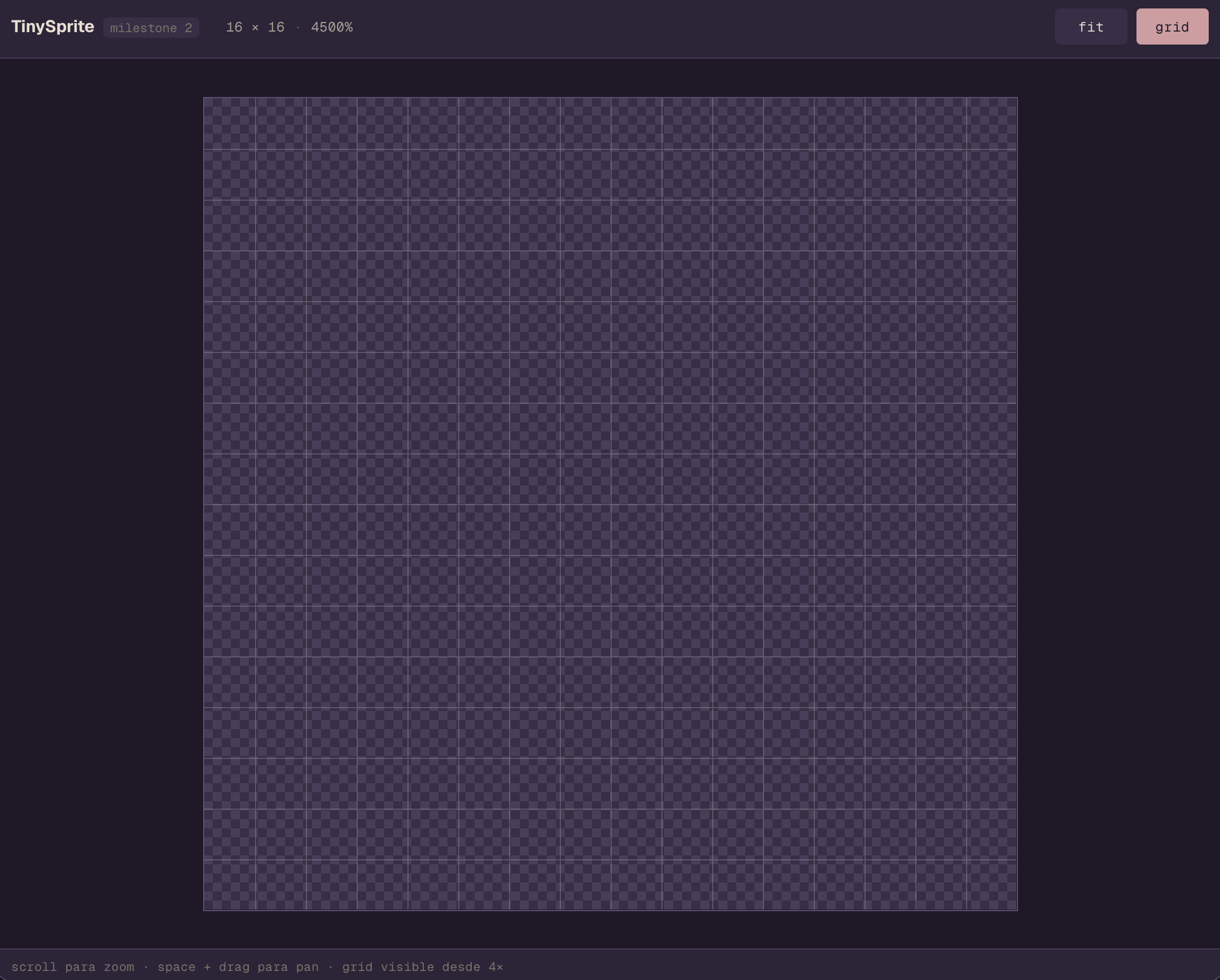 Canvas de TinySprite con un sprite 16x16 vacío visualizado a zoom 4500%, mostrando el patrón checker y la grilla activa