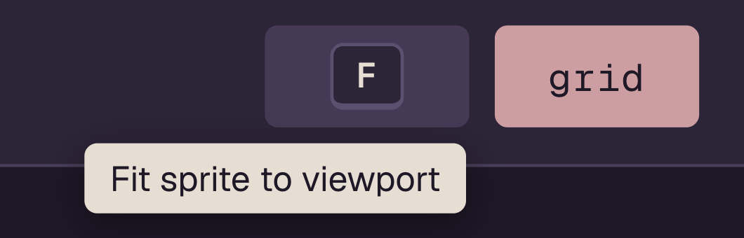 Botón fit en hover: el texto se reemplazó por una keycap con la letra F y debajo aparece un tooltip que dice Fit sprite to viewport