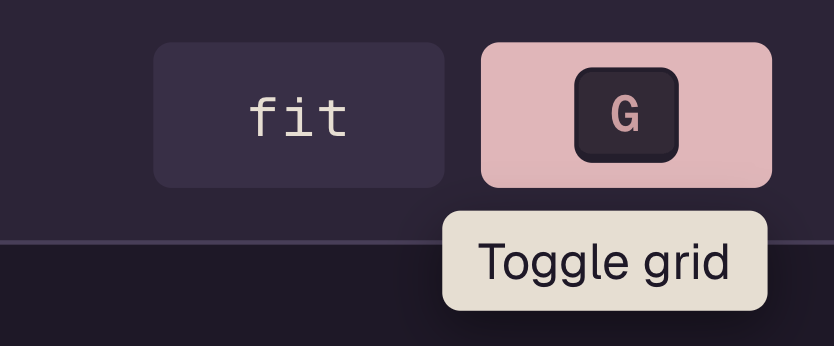 Botón grid en estado activo en hover: keycap con la letra G dentro del botón rosa y tooltip que dice Toggle grid