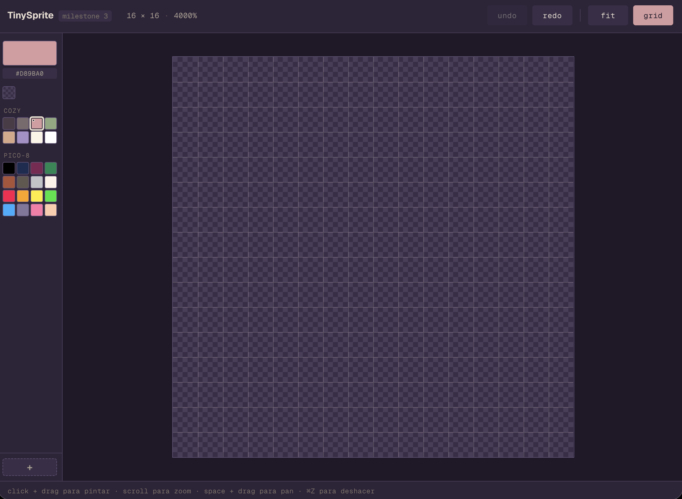 Vista general del editor TinySprite con sidebar de paletas a la izquierda, canvas vacío al centro a 4800% de zoom, y toolbar arriba con undo/redo/fit/grid