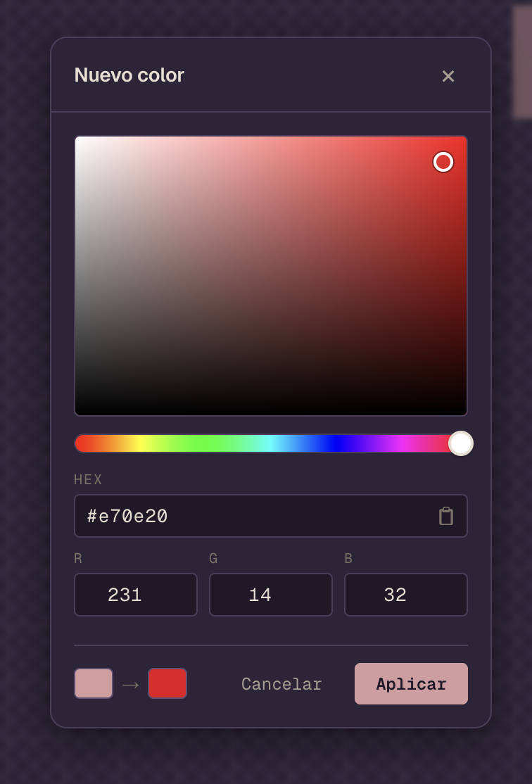 Color picker modal abierto: SV box con un valor rojo seleccionado, hue slider en rojo, input HEX con valor #e70e20, inputs R 231, G 14, B 32, comparador entre rosa anterior y rojo nuevo, botones Cancelar y Aplicar