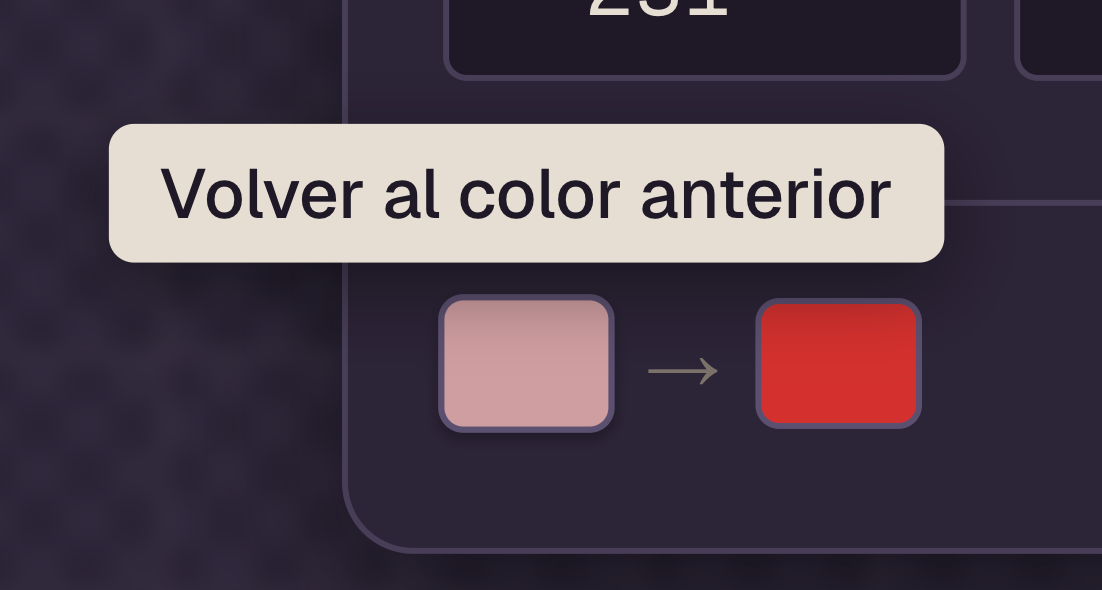 Comparador de colores con tooltip arriba que dice Volver al color anterior sobre el swatch izquierdo