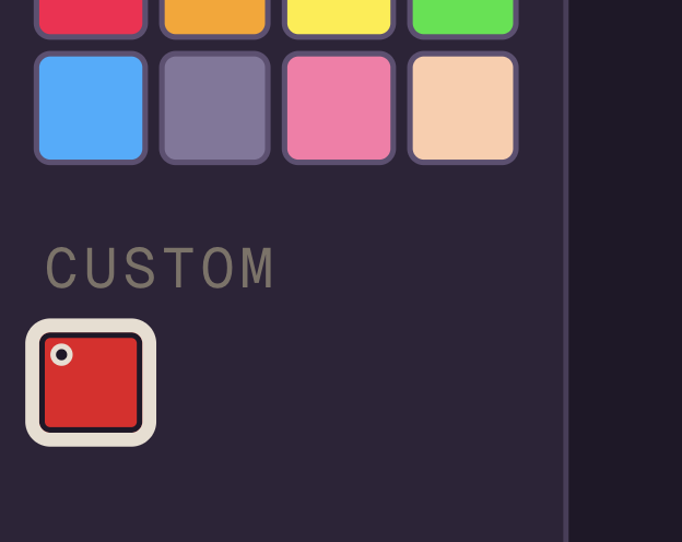 Sección custom de la paleta mostrando un swatch rojo con marcador de seleccionado, después de las secciones cozy y pico-8