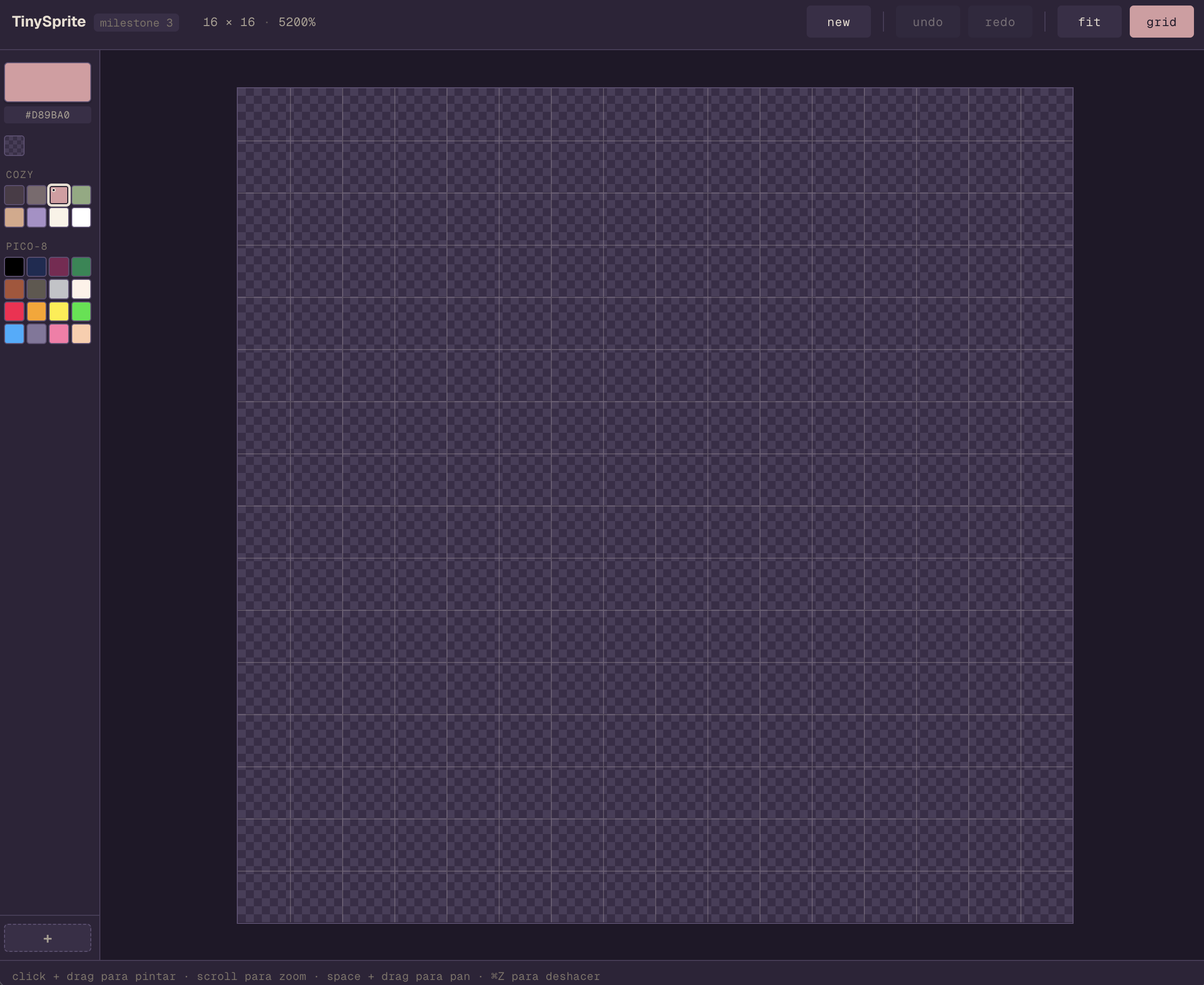 Editor TinySprite con el nuevo botón new en la toolbar, junto a undo, redo, fit, grid