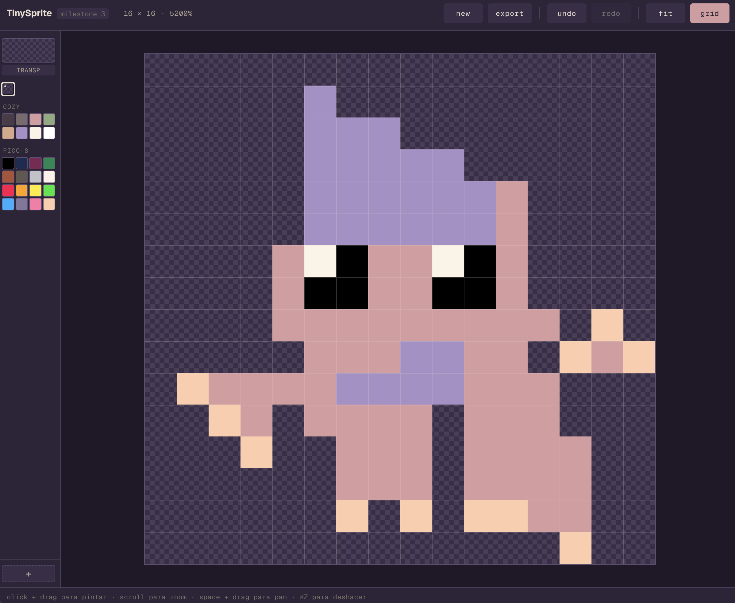 Editor TinySprite con un personaje pixel-art pintado: un bichito violeta con sombrero y cuerpo rosa, en un sprite 16x16. La toolbar ahora muestra el botón export al lado de new