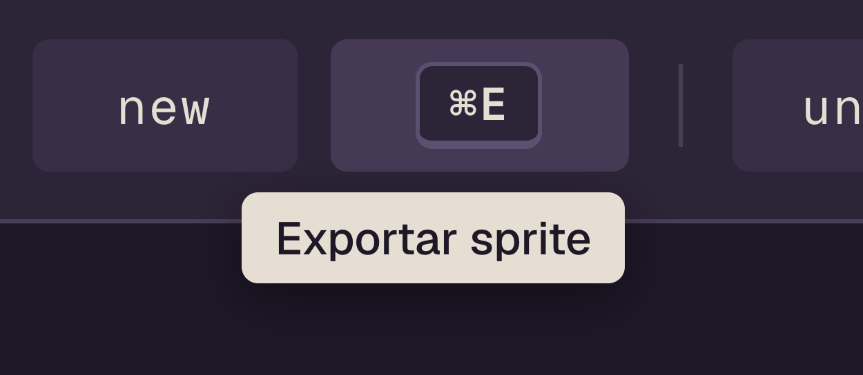Botón export en hover mostrando keycap ⌘E y tooltip Exportar sprite