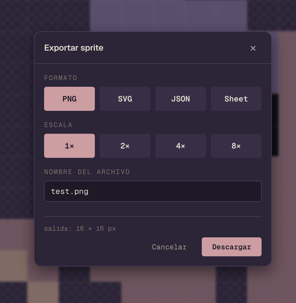 Modal Exportar sprite con tabs PNG SVG JSON Sheet, scale 1x activo, filename test.png, info salida 16 x 16 px, botones Cancelar y Descargar