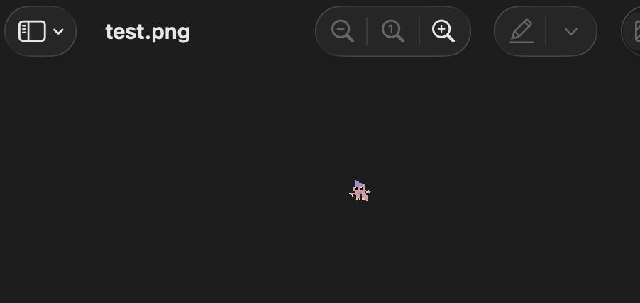 Captura de macOS Preview mostrando test.png a tamaño nativo: una manchita de pixels apenas visible en el centro del visor