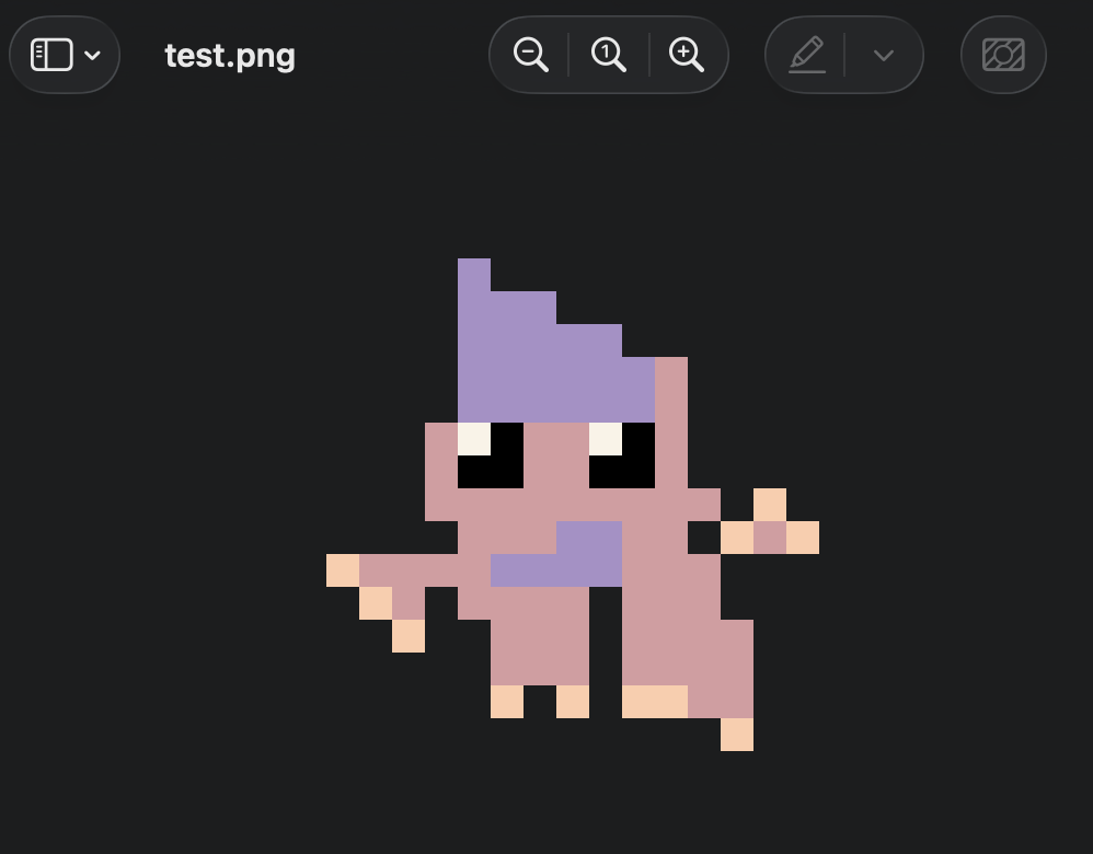 El mismo test.png con el visor zoomeado al sprite, donde el personaje se ve grande y pixelado correctamente