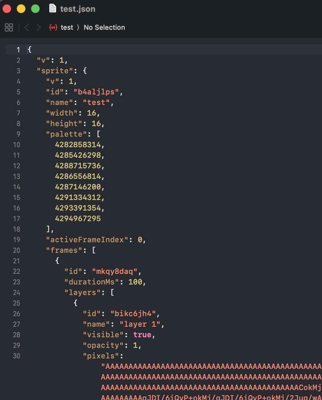 Captura de un editor de código mostrando el contenido de test.json: campos v, sprite con id, name test, width y height 16, palette con valores numéricos, activeFrameIndex 0, frames array con id, durationMs 100, layers con id name visible opacity y pixels en base64