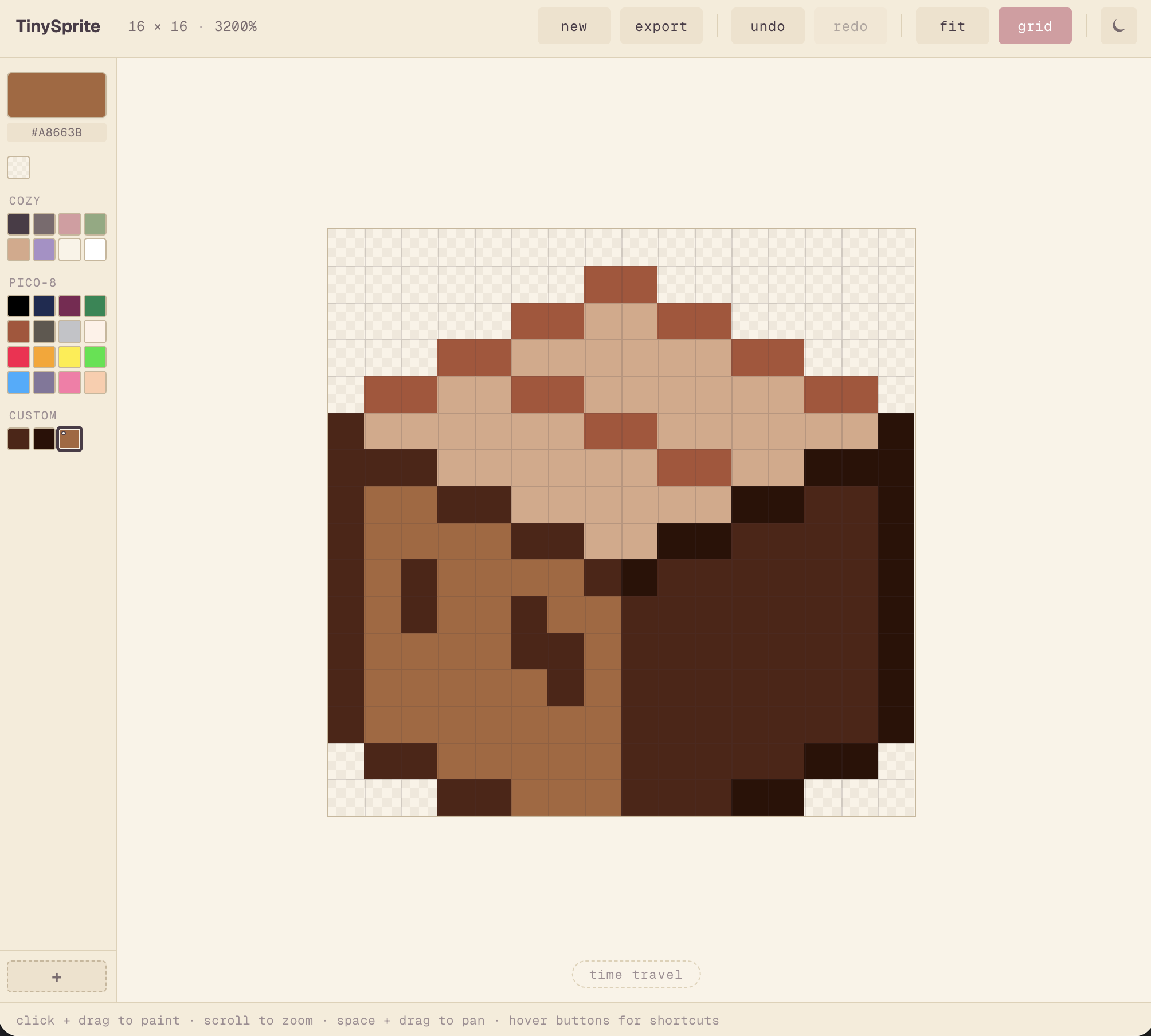 Editor TinySprite en estado cerrado mostrando un dibujo de una caja de cartón isométrica. Abajo del canvas se ve un botón sutil con borde dashed que dice 'time travel'
