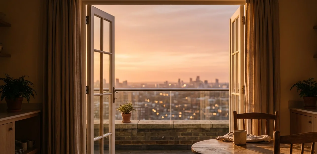 Vista desde una ventana al atardecer